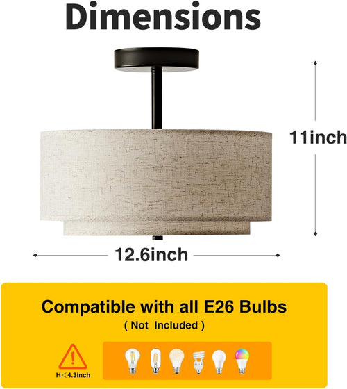 12.6" Black Linen 3-Light Drum Semi Flush Ceiling Light