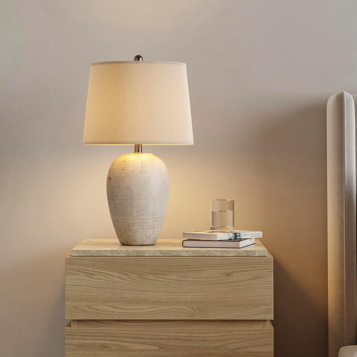 23" Distressed Cream Beige Ceramic Jar Table Lamp with Ivory Shade