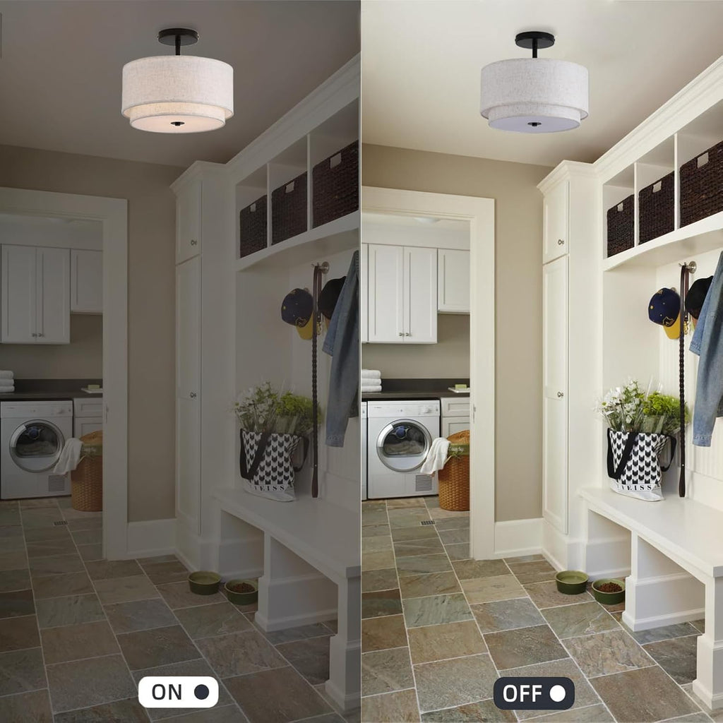 12.6" 3-Light Double Linen Drum Flush Ceiling Light