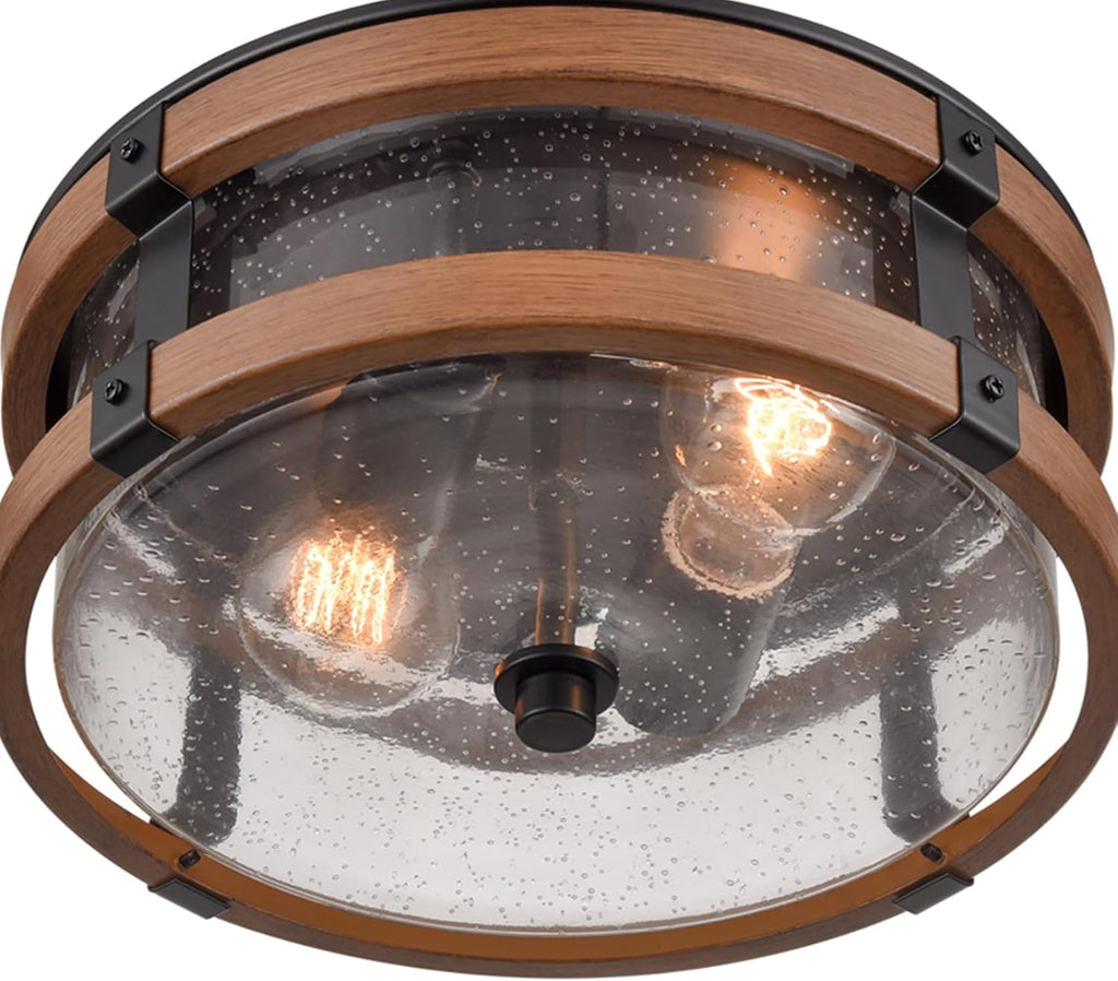 2-Light Black Wood Grain Seeded Glass Drum Ceiling Light