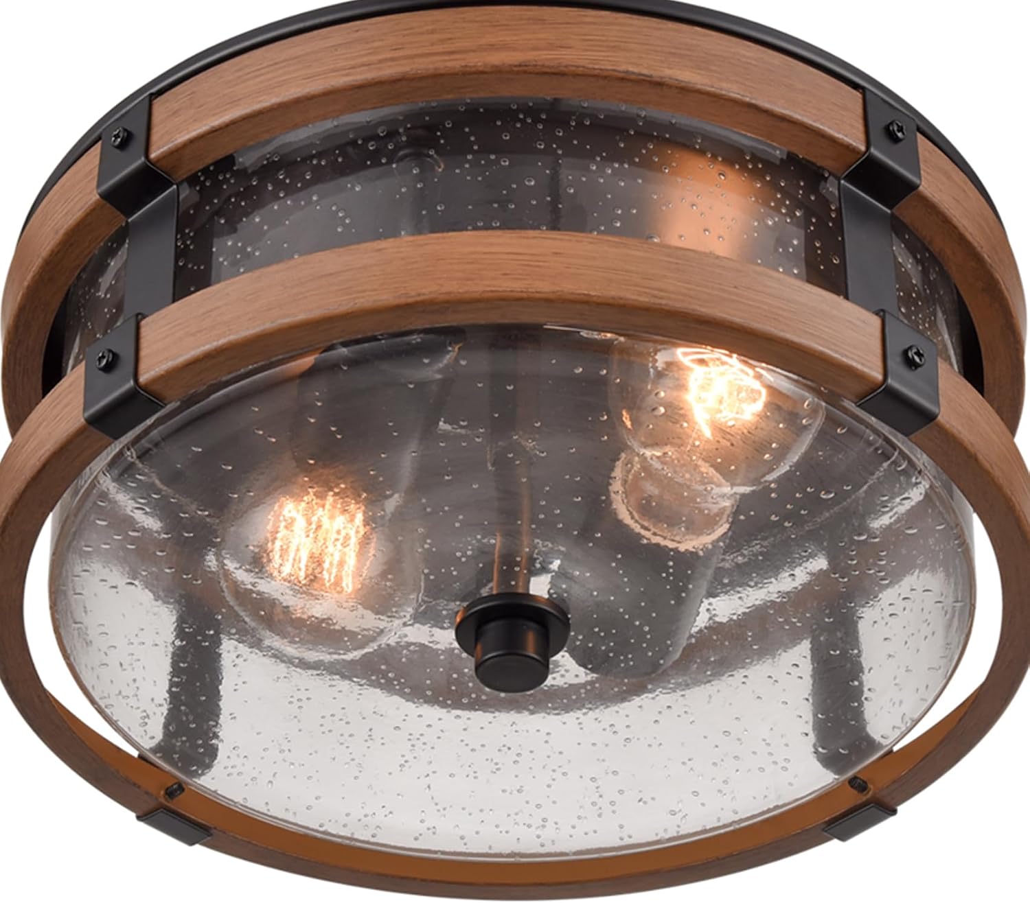 2-Light Black Wood Grain Seeded Glass Drum Ceiling Light