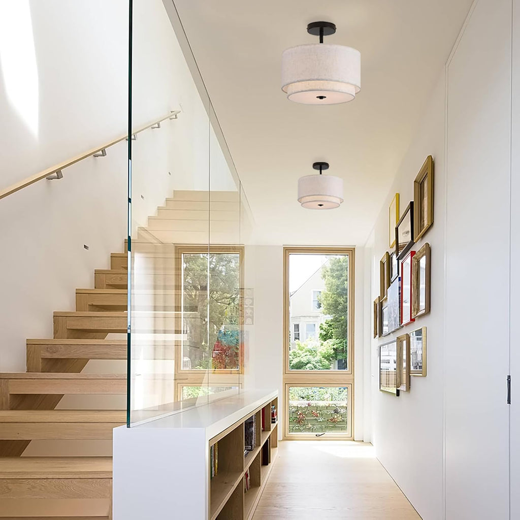 12.6" 3-Light Double Linen Drum Flush Ceiling Light