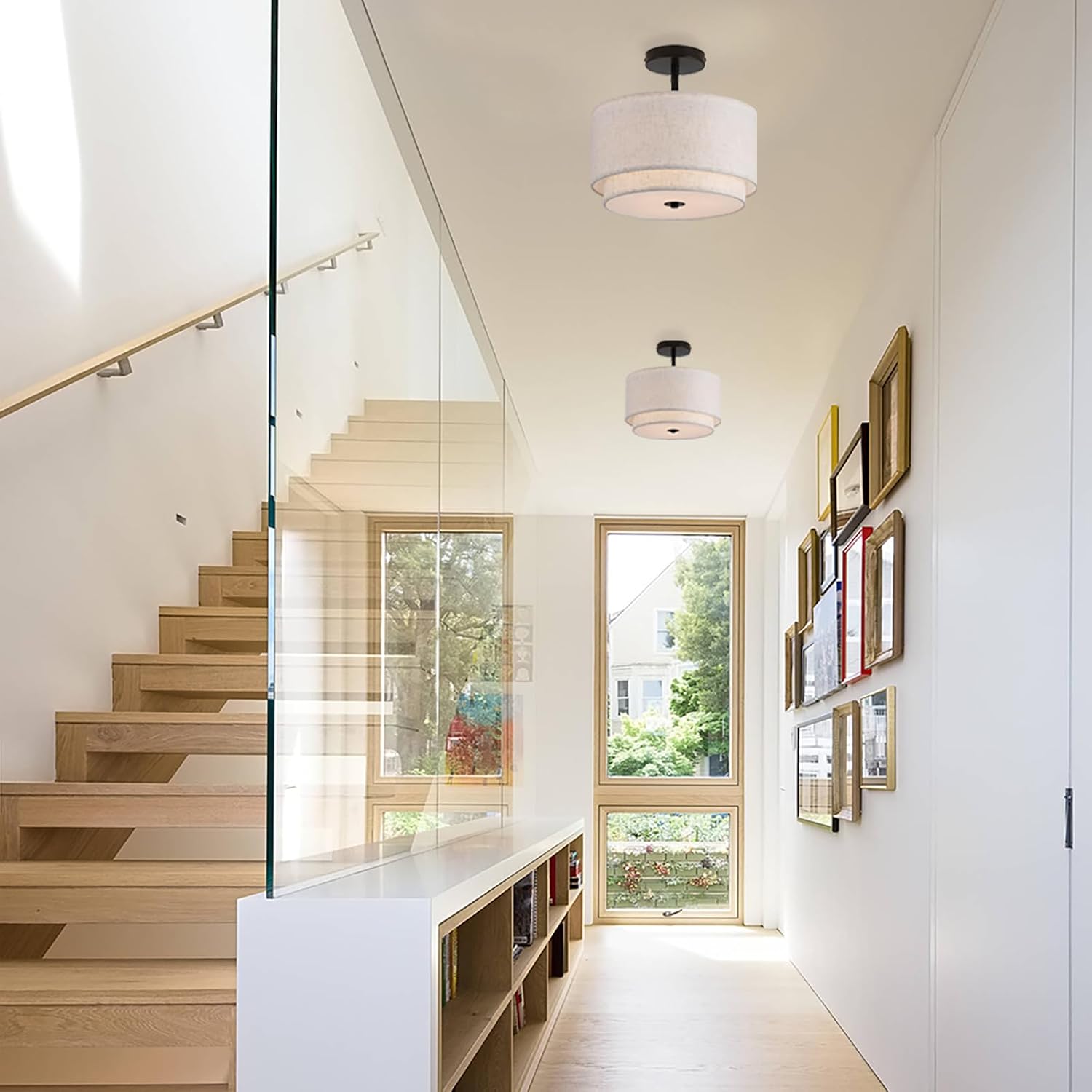 12.6" 3-Light Double Linen Drum Flush Ceiling Light