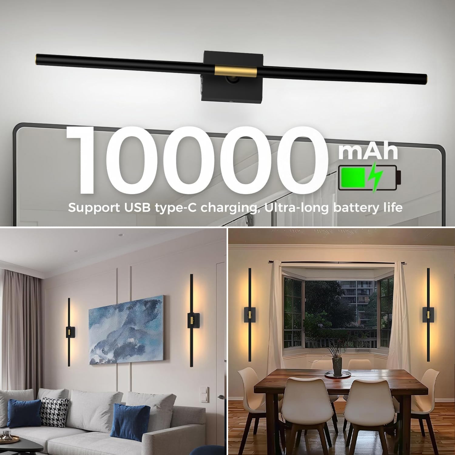 31.5" Black Rechargeable Wireless Wall Sconces Set of 2 with Remote