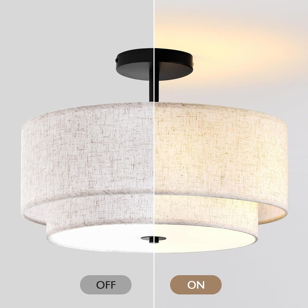 16" Double Linen Drum 3-Light Semi Flush Ceiling Light