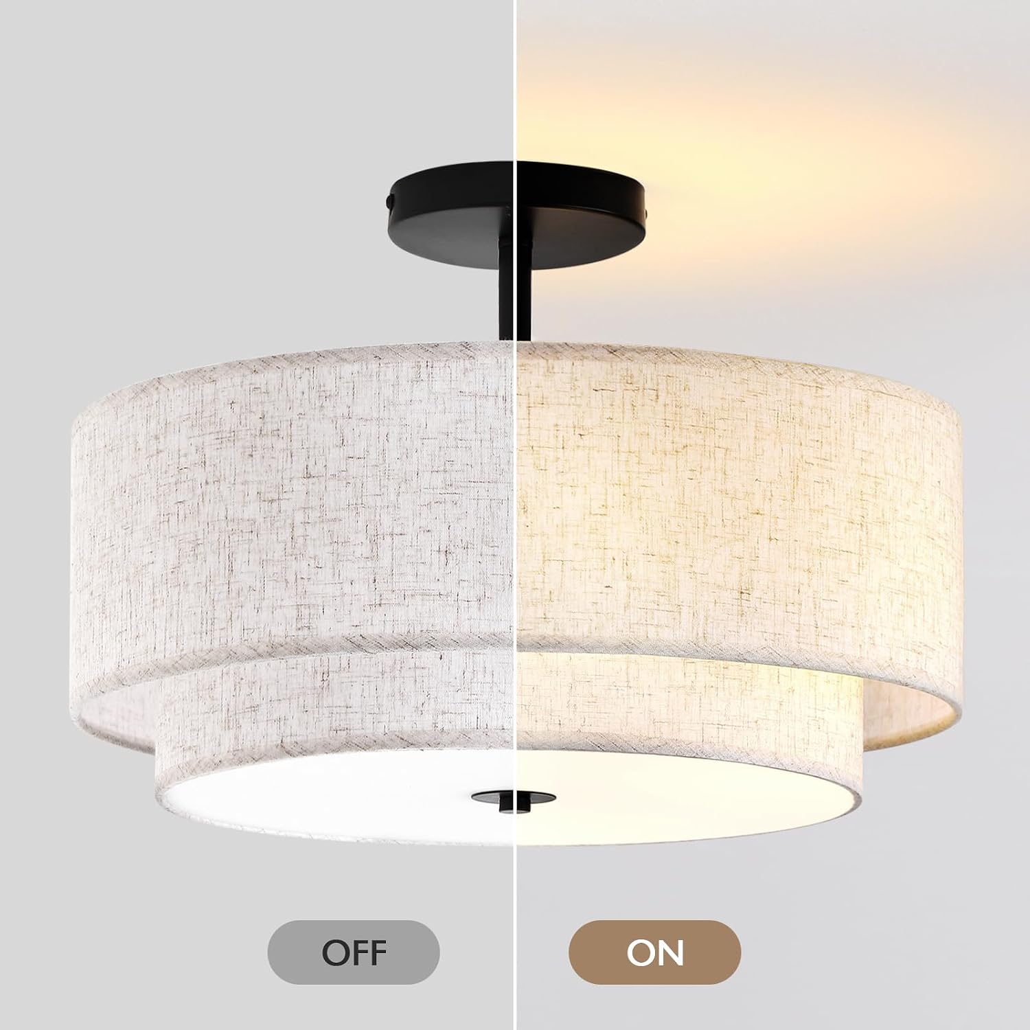 16" Double Linen Drum 3-Light Semi Flush Ceiling Light