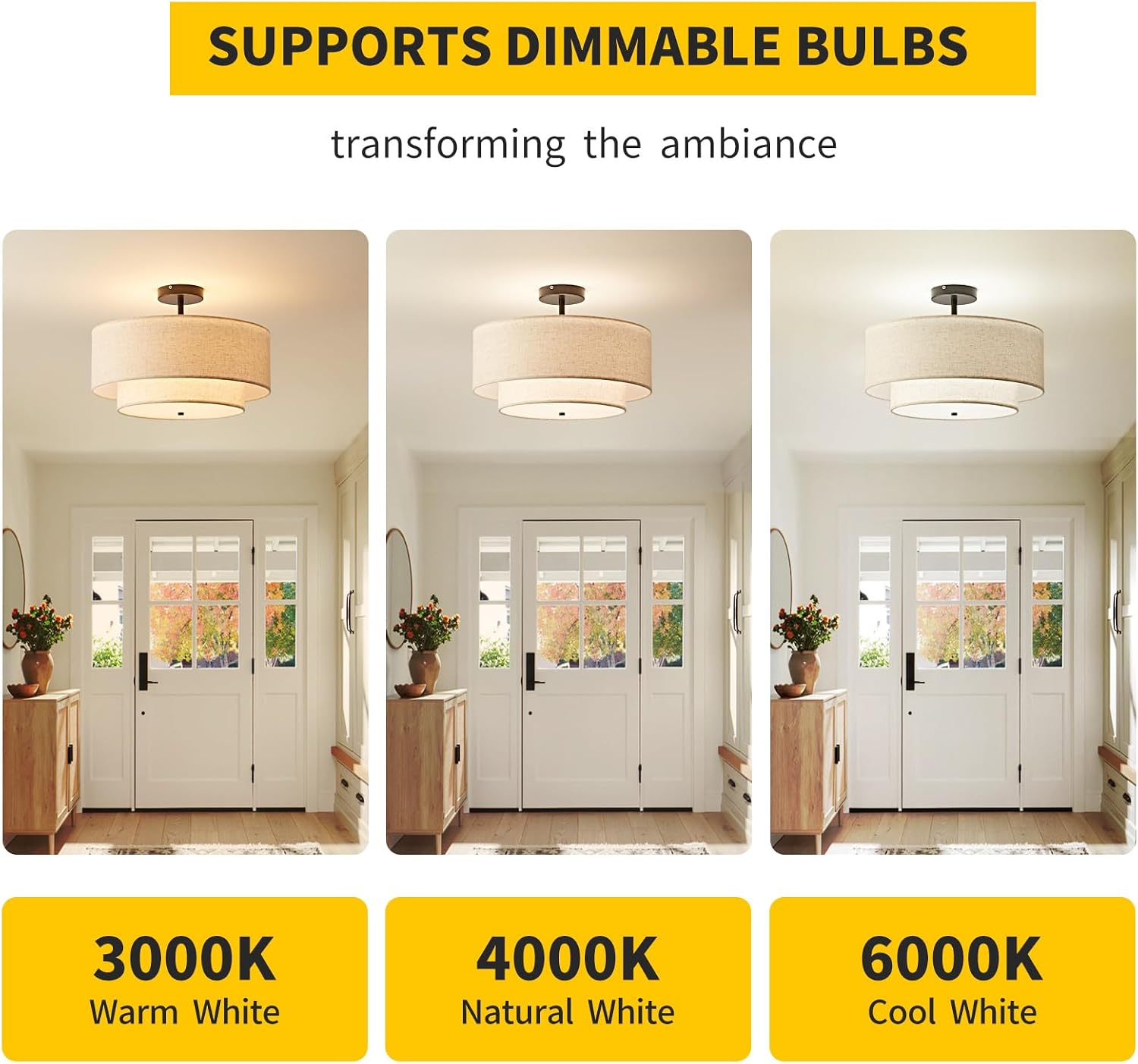 16" Linen Shade 3-Light Drum Semi Flush Ceiling Light