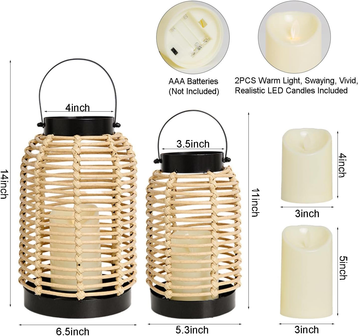 14" Black Rattan LED Lantern