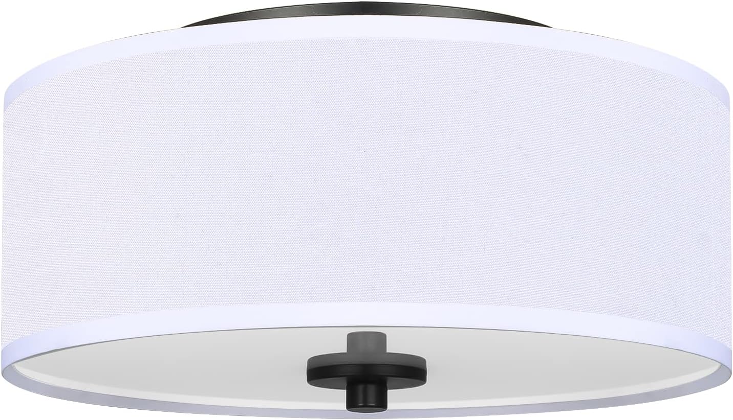 12" White Fabric Drum 2-Light Flush Ceiling Light