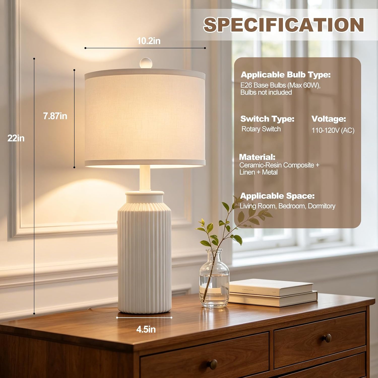 22" White Ceramic Table Lamps Set of 2