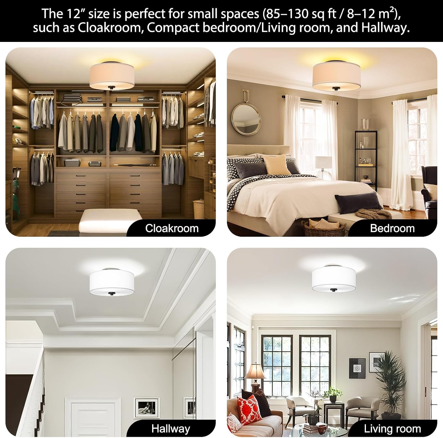 12" White Fabric Drum 2-Light Flush Ceiling Light