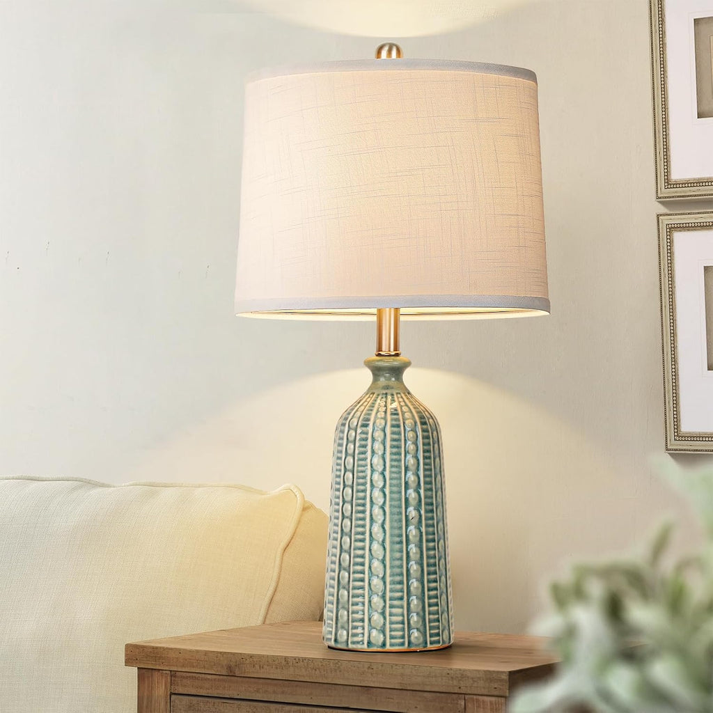 24.5" Green Ceramic 3-Way Dimmable Table Lamp with White Drum Shade