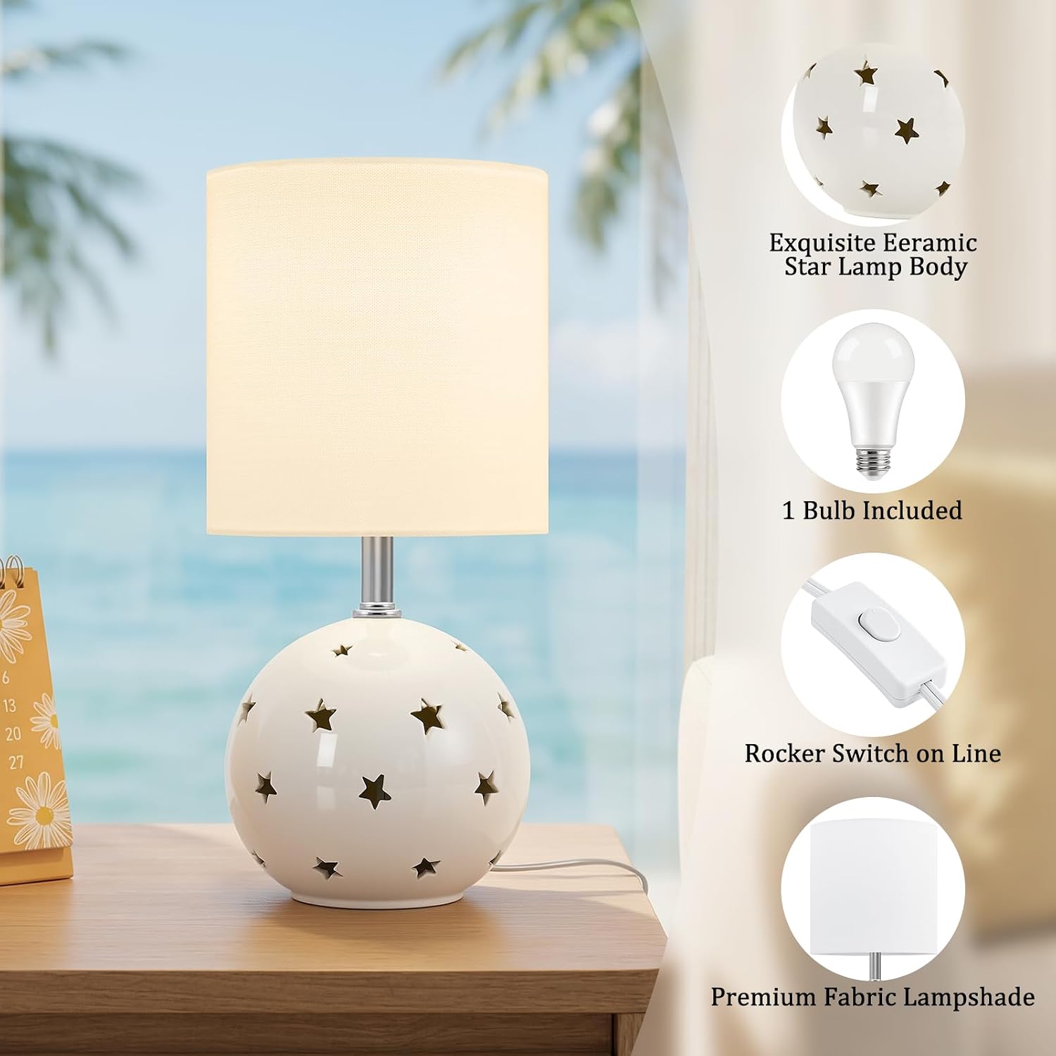 14" White Ceramic 3-Color Linen Shade Table Lamp