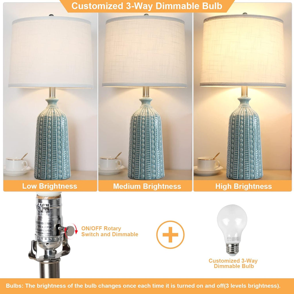 24.5" Green Ceramic 3-Way Dimmable Table Lamp with White Drum Shade