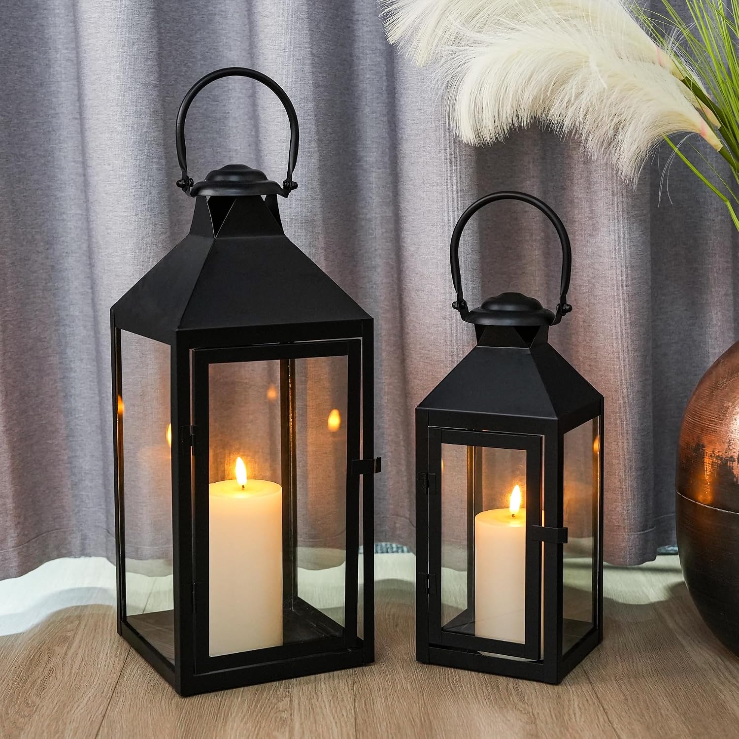 17.5&13.5" Black Lanterns Set of 2