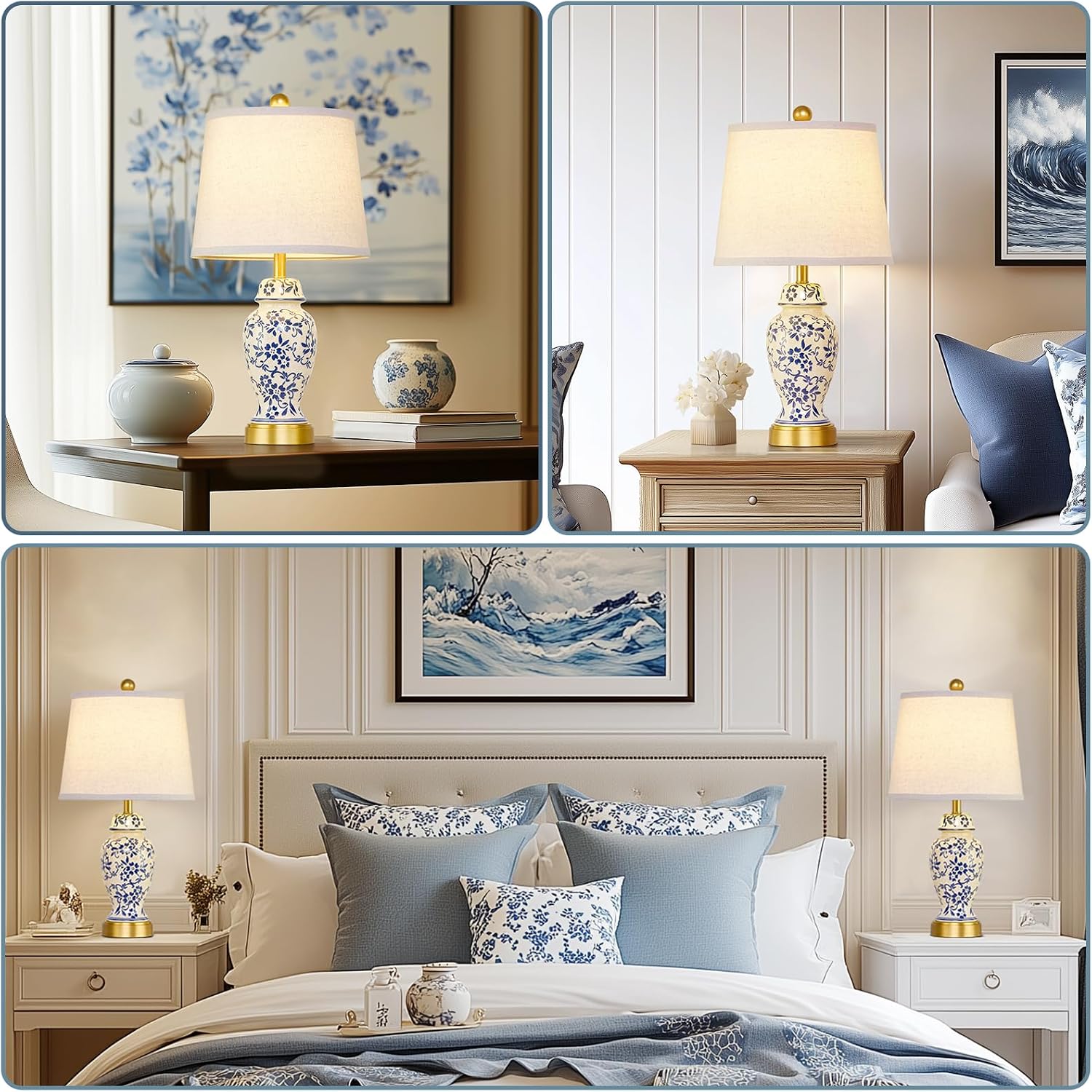 Blue Porcelain Gold Accent Ceramic Table Lamps Set of 2 with Bulbs