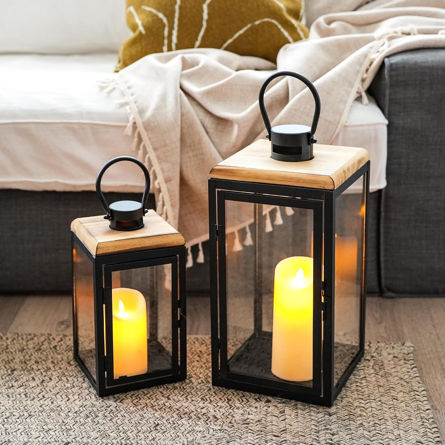 16&11 Inch Black Lanterns Set of 2
