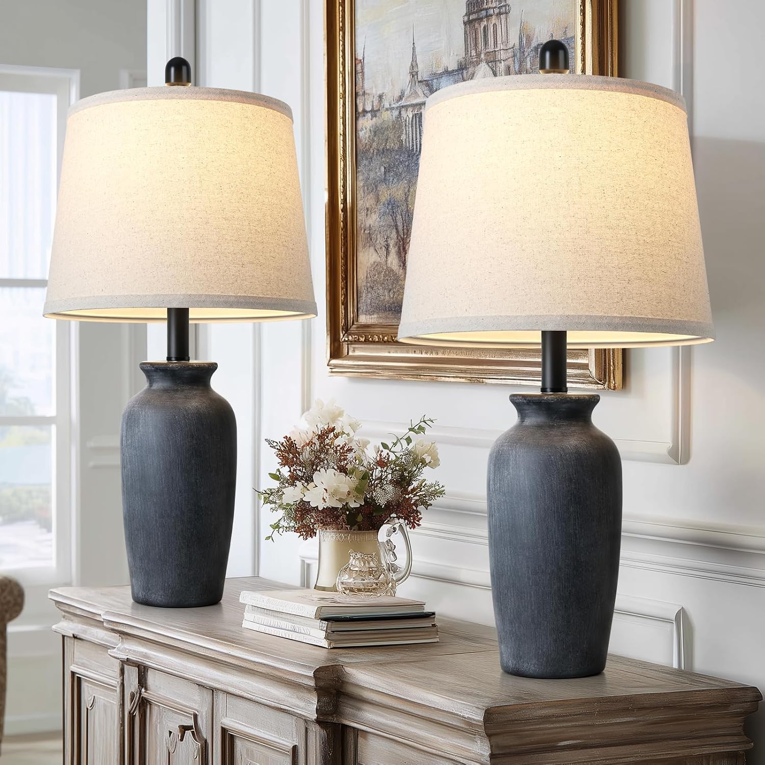 24.5" Black Jar Ceramic Lamps Set of 2