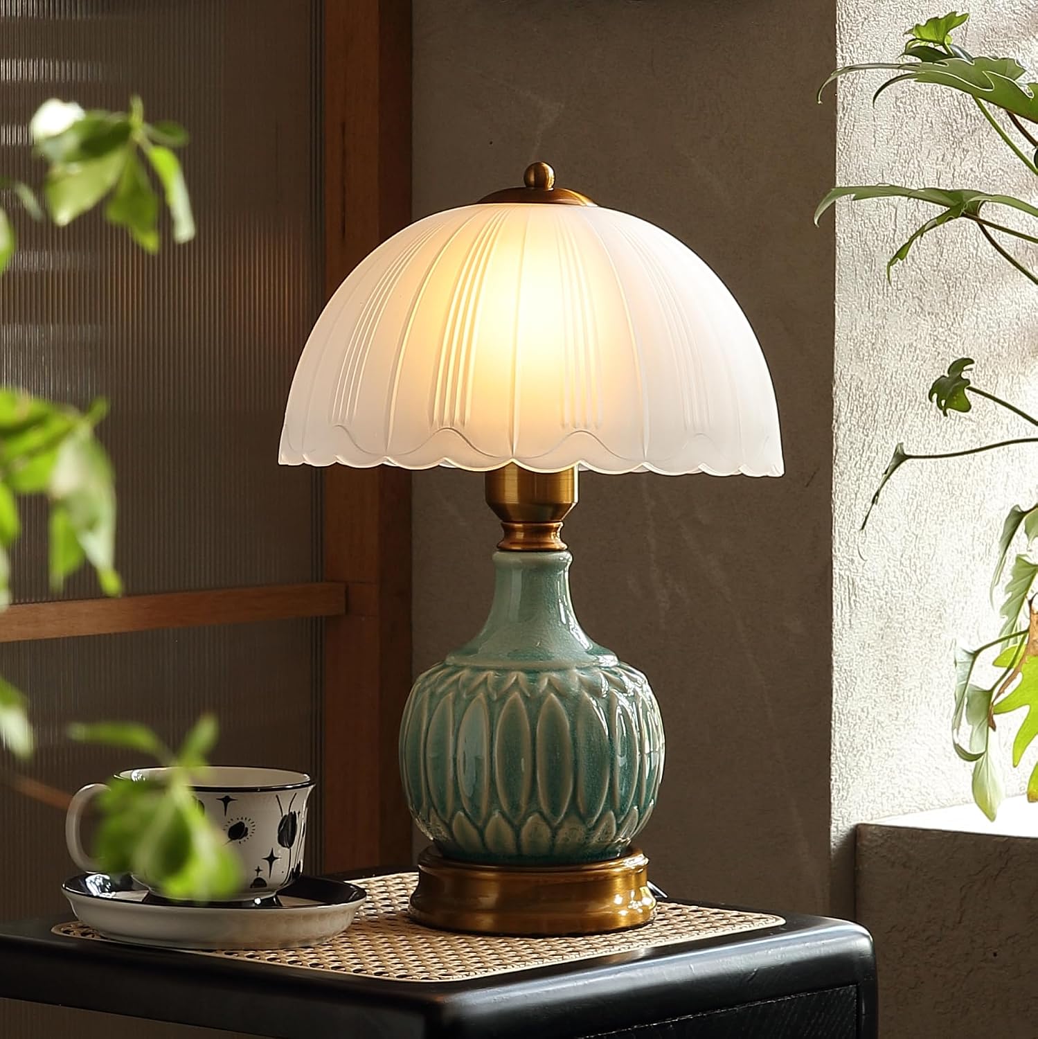 16" Mid Century Green Chinoiserie Ceramic Mushroom Glass Vintage Table Lamp