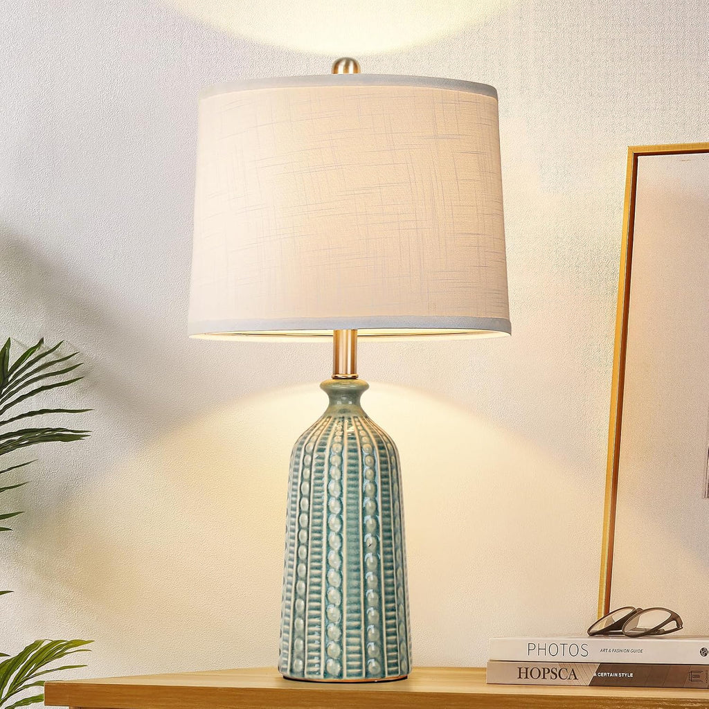 24.5" Green Ceramic 3-Way Dimmable Table Lamp with White Drum Shade