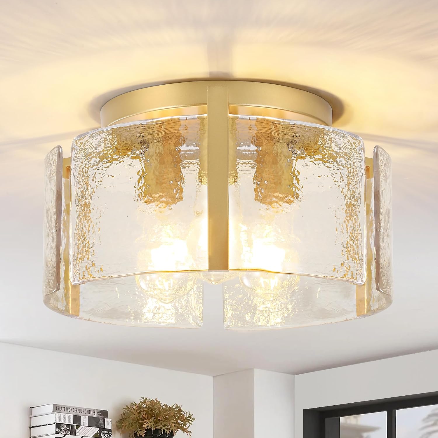 Gold 3-Light Dimmable Glass Drum Ceiling Light