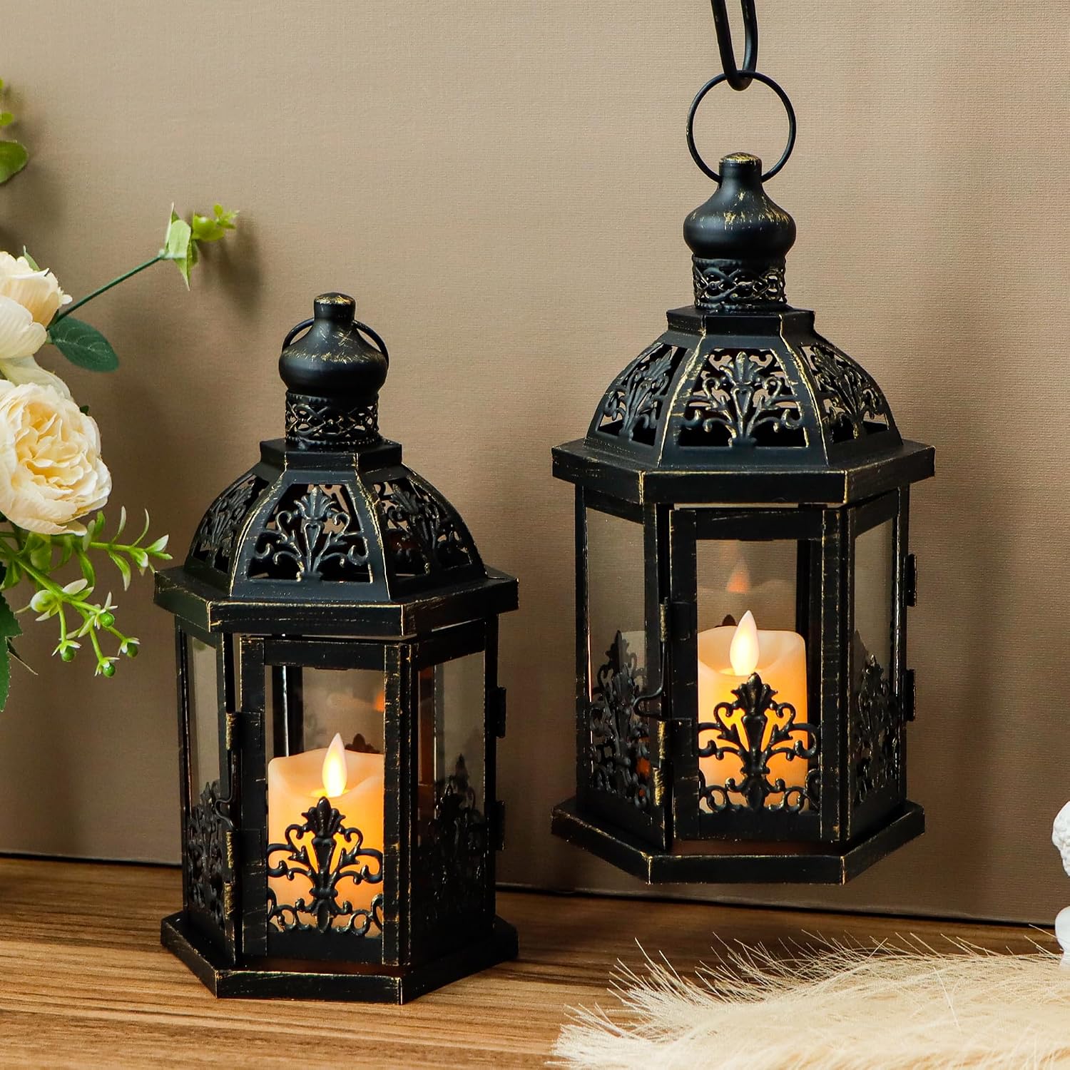 9.5" Black Gold Lanterns Set of 2
