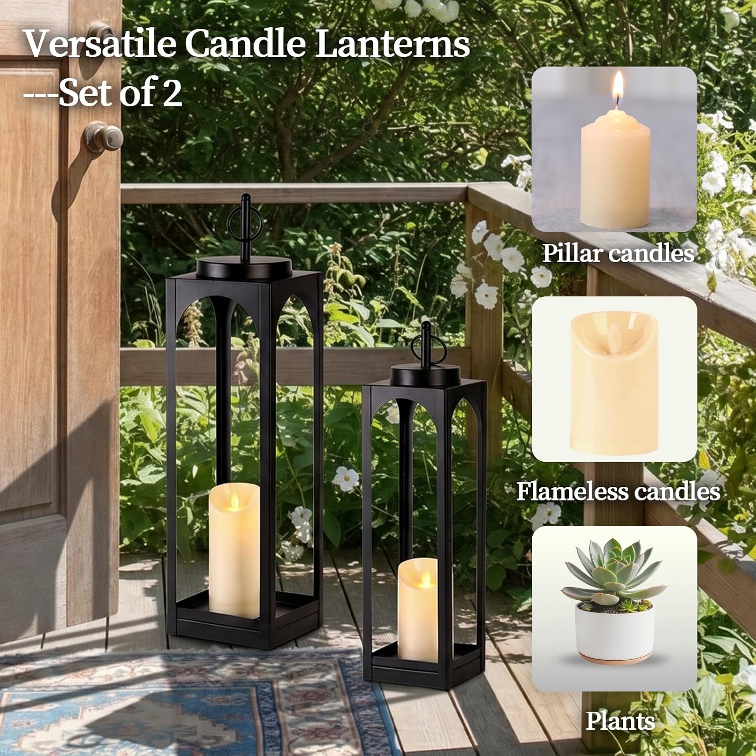 24&19" Black Floor Lanterns Set of 2