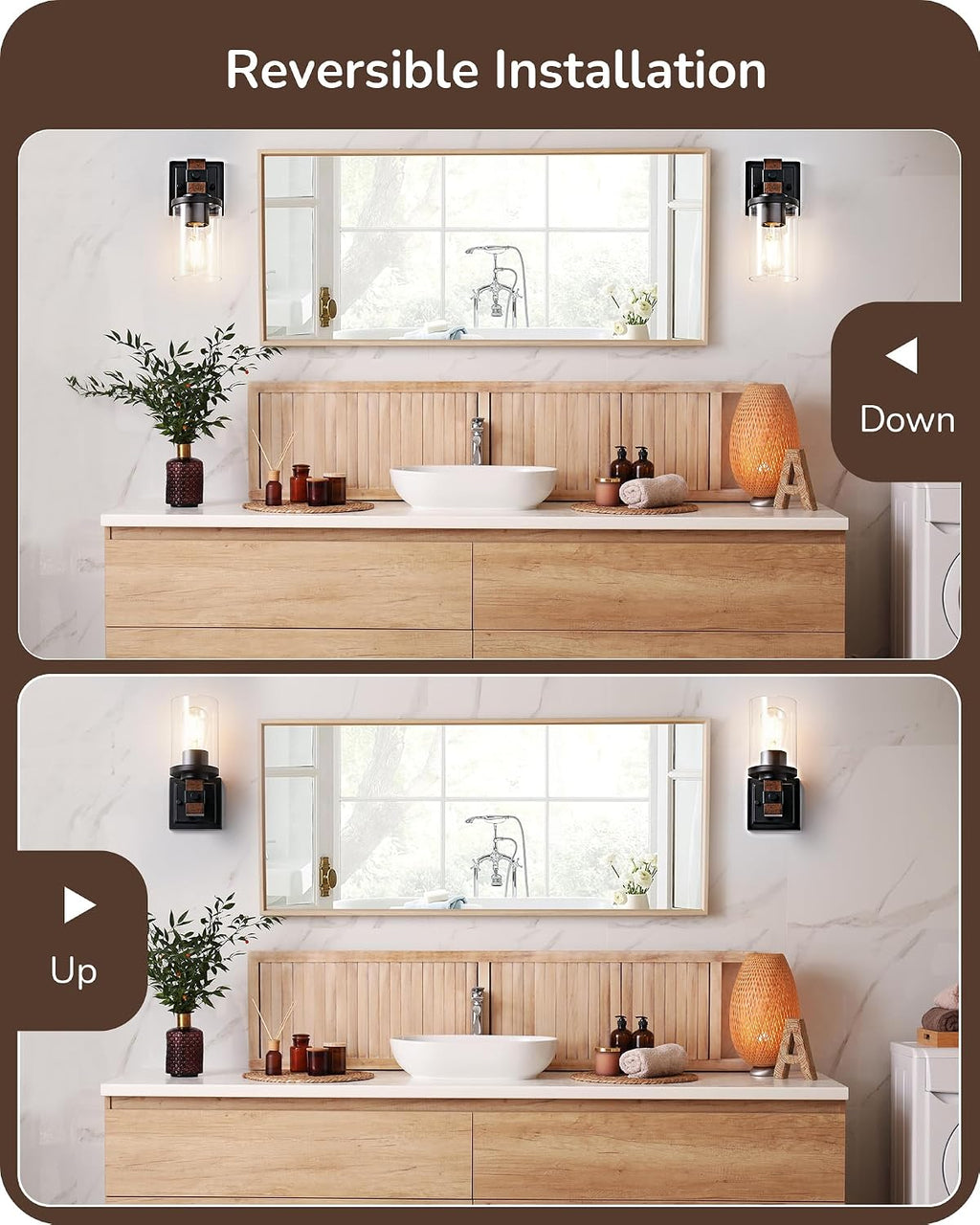 1-Light Faux Wood Clear Glass Farmhouse Wall Sconces Set of 2