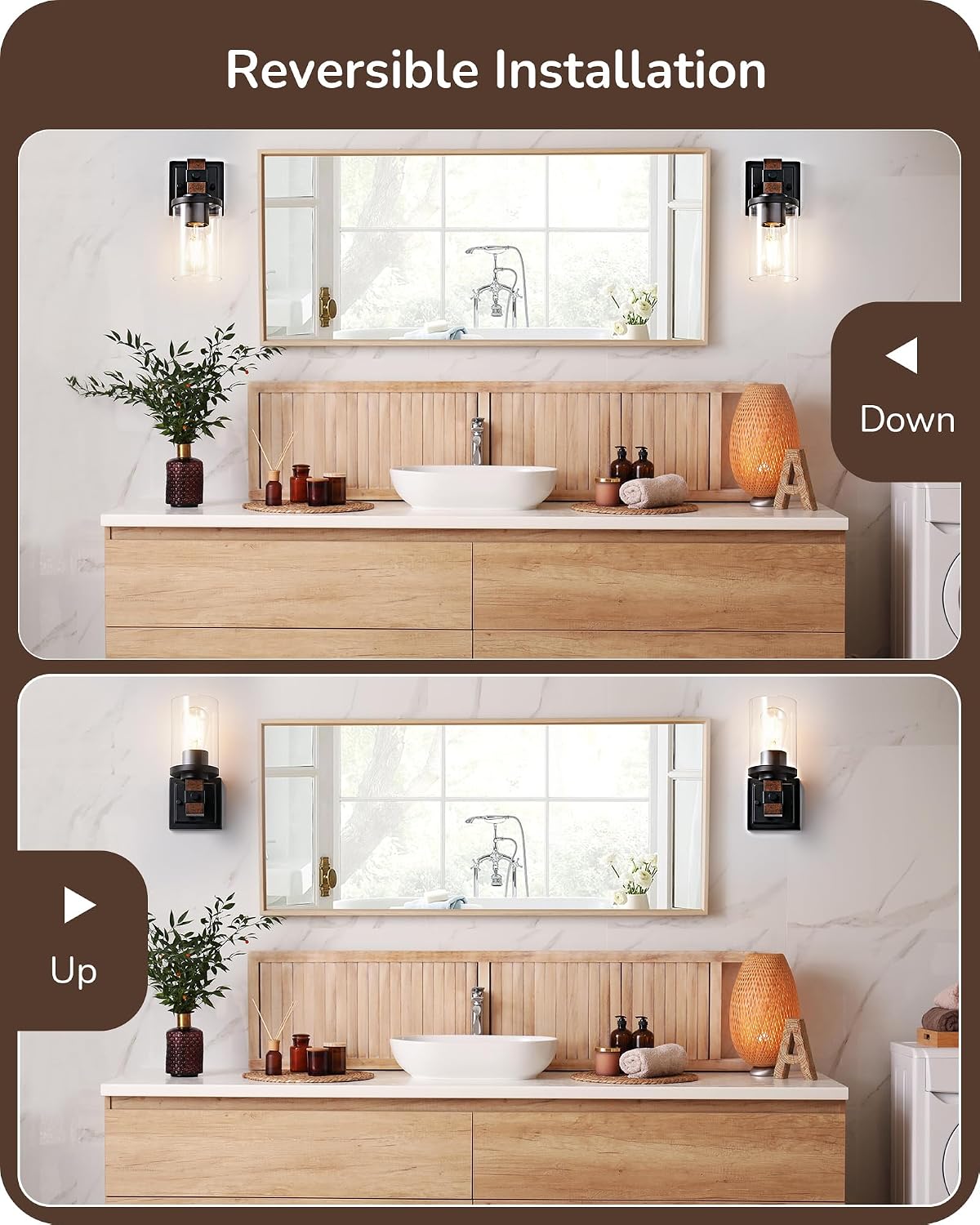 1-Light Faux Wood Clear Glass Farmhouse Wall Sconces Set of 2