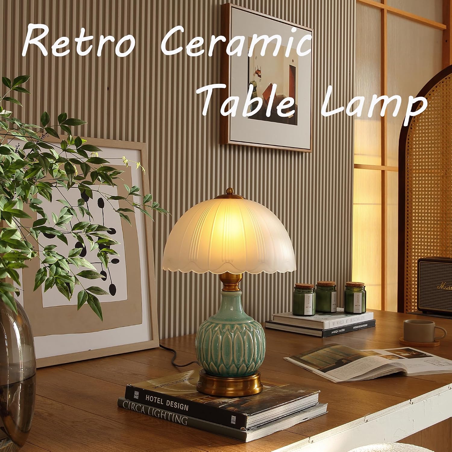 16" Mid Century Green Chinoiserie Ceramic Mushroom Glass Vintage Table Lamp