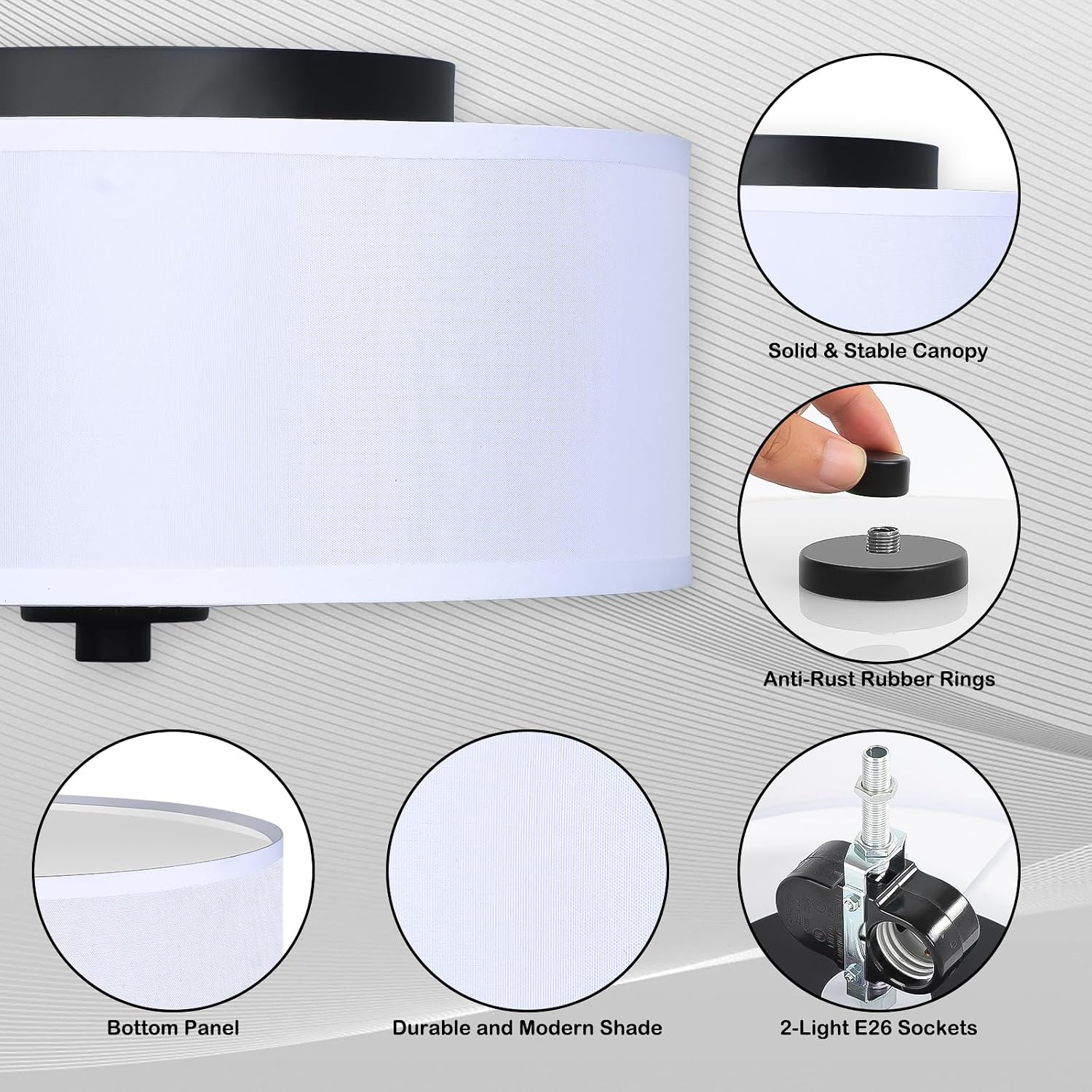 12" White Fabric Drum 2-Light Flush Ceiling Light