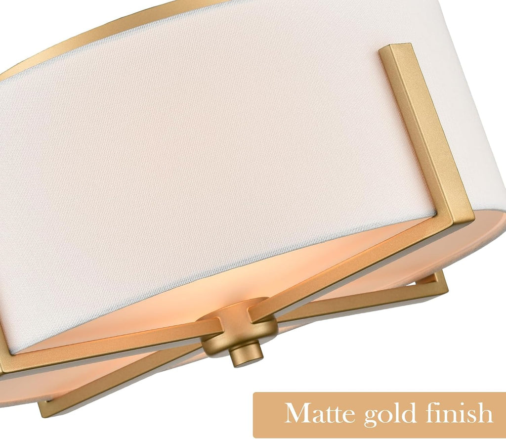 15.74" Gold Linen Shade 2-Light Drum Ceiling Light