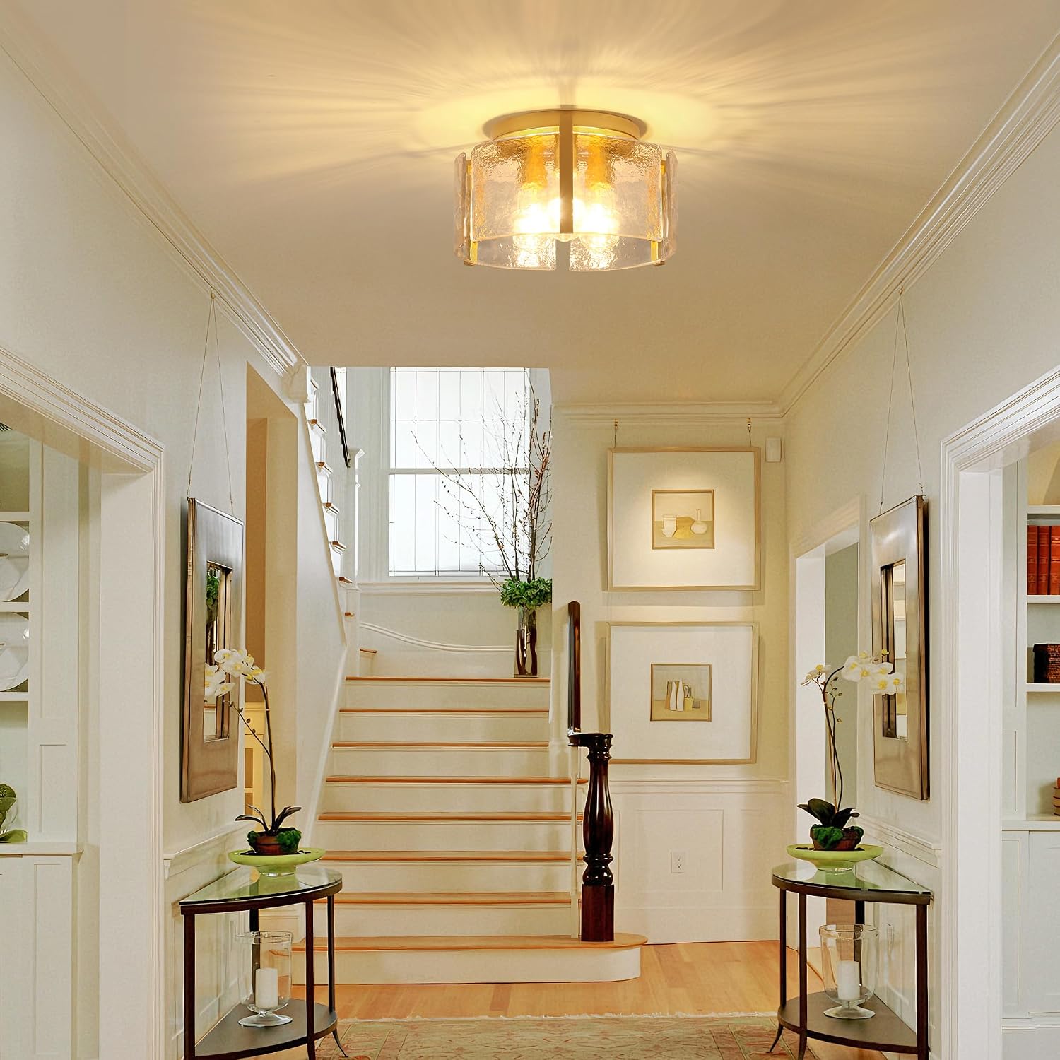 Gold 3-Light Dimmable Glass Drum Ceiling Light