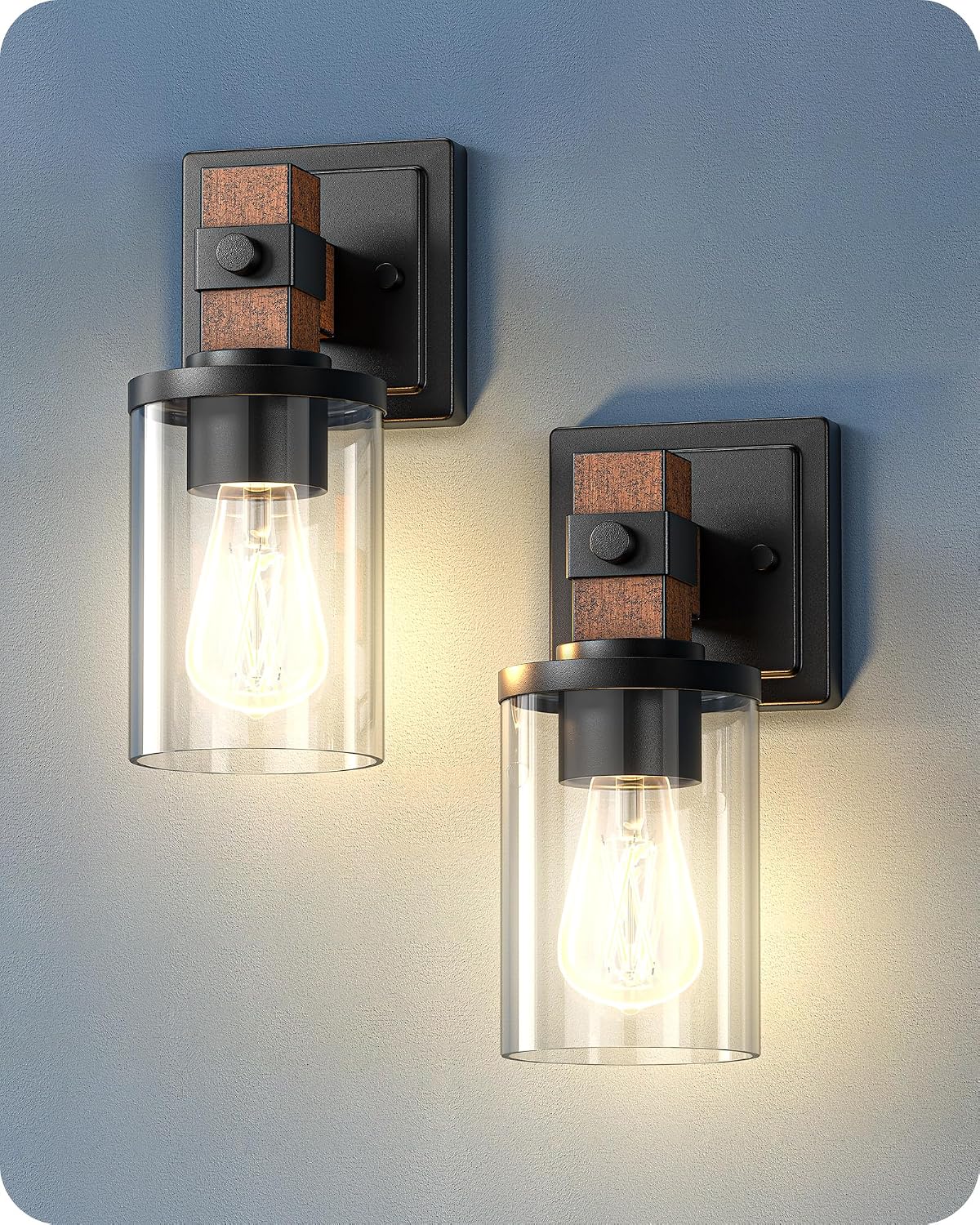 1-Light Faux Wood Clear Glass Farmhouse Wall Sconces Set of 2